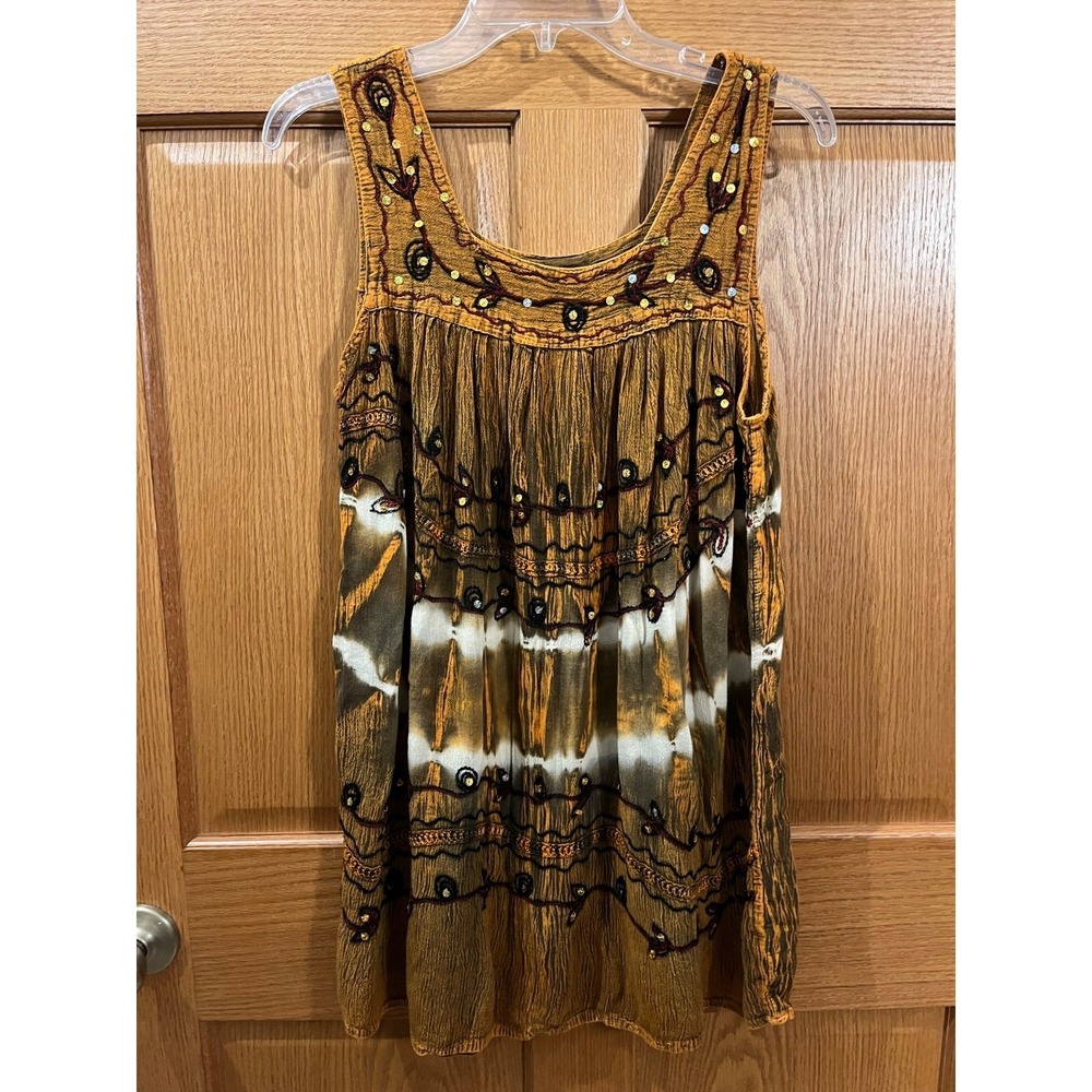 Embroidered Tie Dye Midi Swing Dress Free Size Beachy Boho Festival Hippie